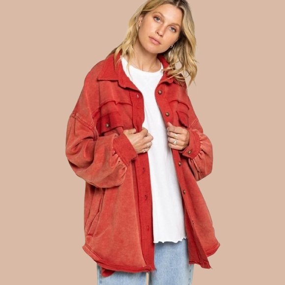 POL Red French Terry Oversized Shacket with Raw Seems - Picture 2 of 5